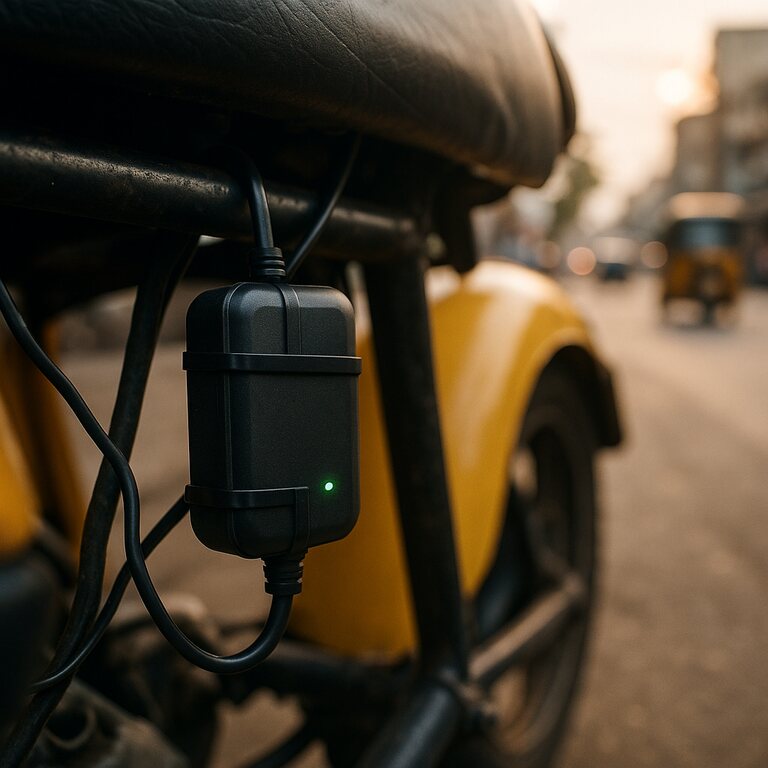 Compagnon Mini — GPS tracker under a Douala moto-taxi seat