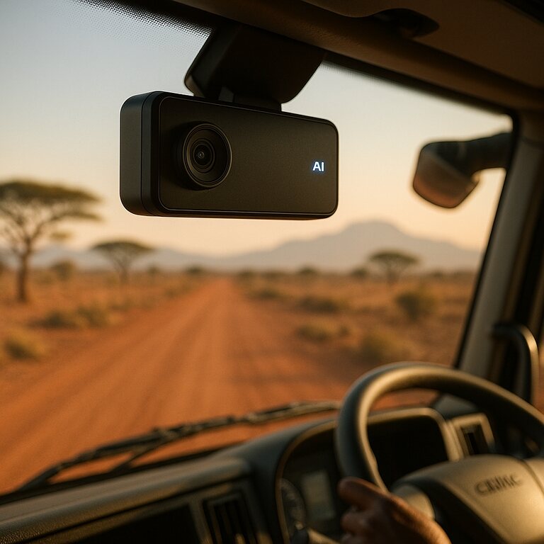Compagnon PRO SoC — AI dashcam on a CEMAC truck windshield