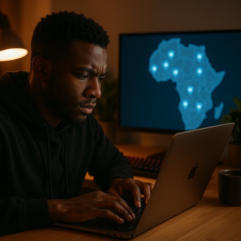 Developer integrating the Malambi API with a GPS map of Africa