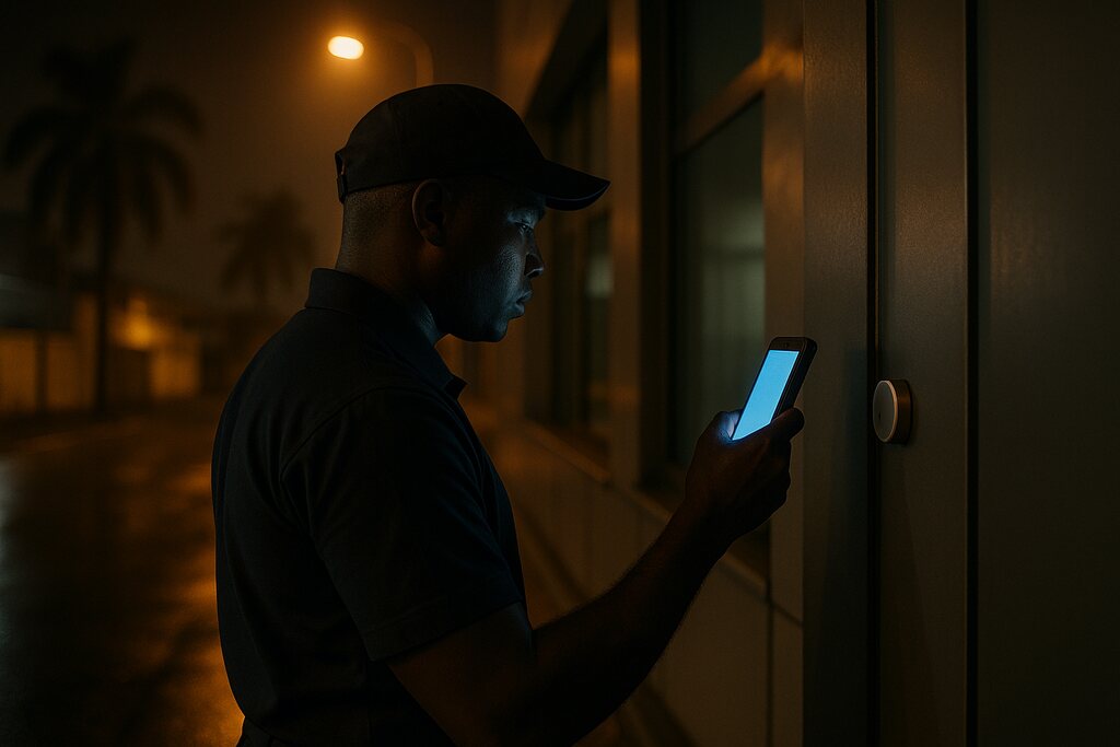 Agent de sécurité validant un point de contrôle avec son téléphone, de nuit